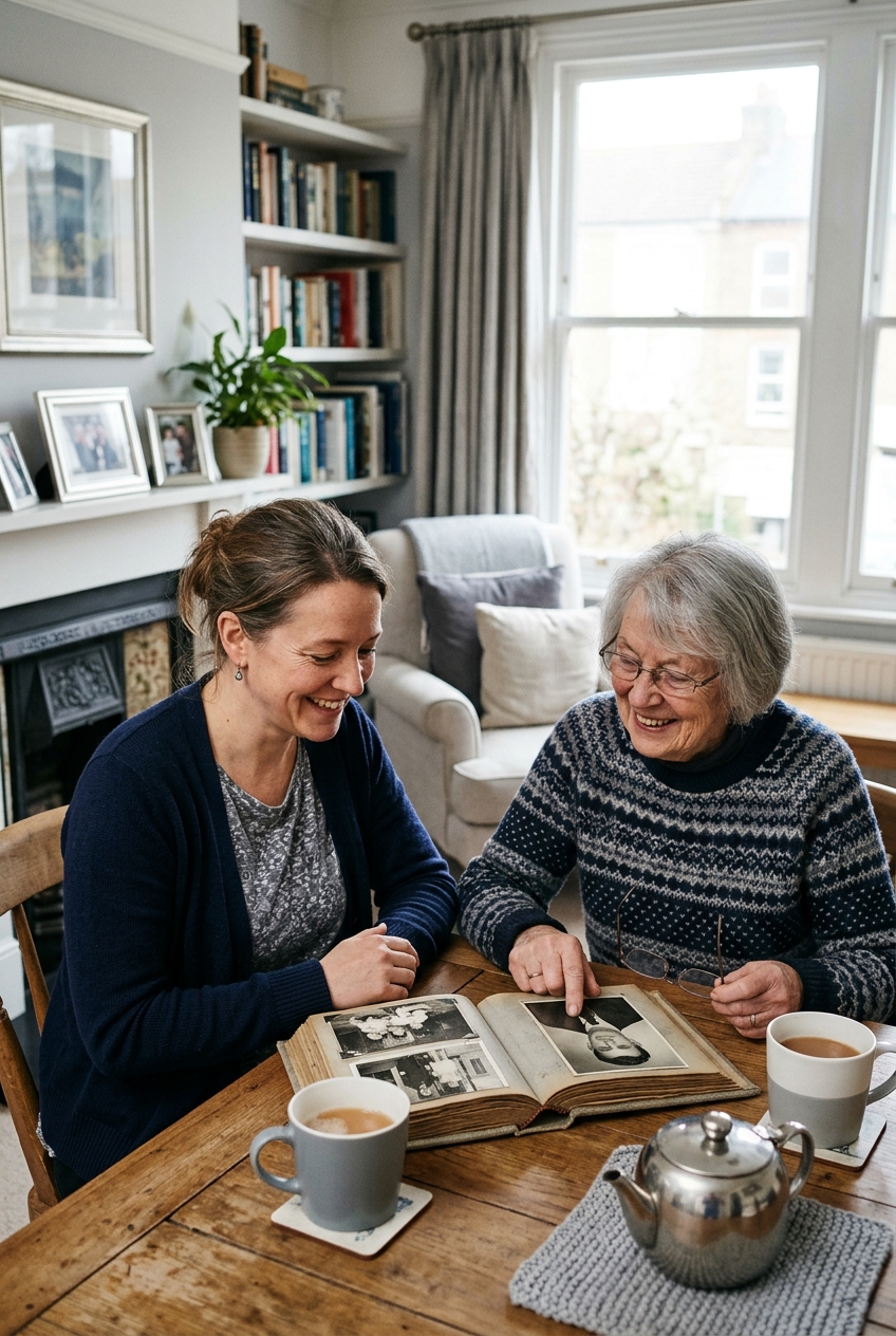 A support worker sharing tea and a photo album with an older woman at home
